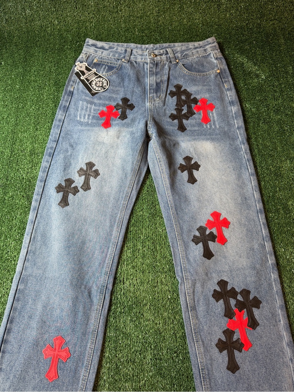 Straight Men’s Denim Jeans with Red & Black Cross Patches
